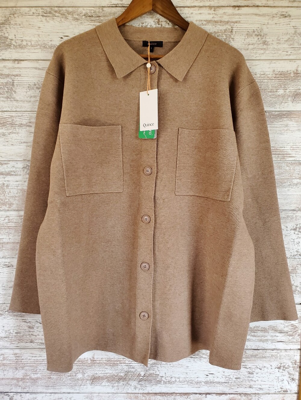 NWT Quince Eco-Knit Milano Stitch Oversized Shirt Jacket Shacket Warm Taupe
